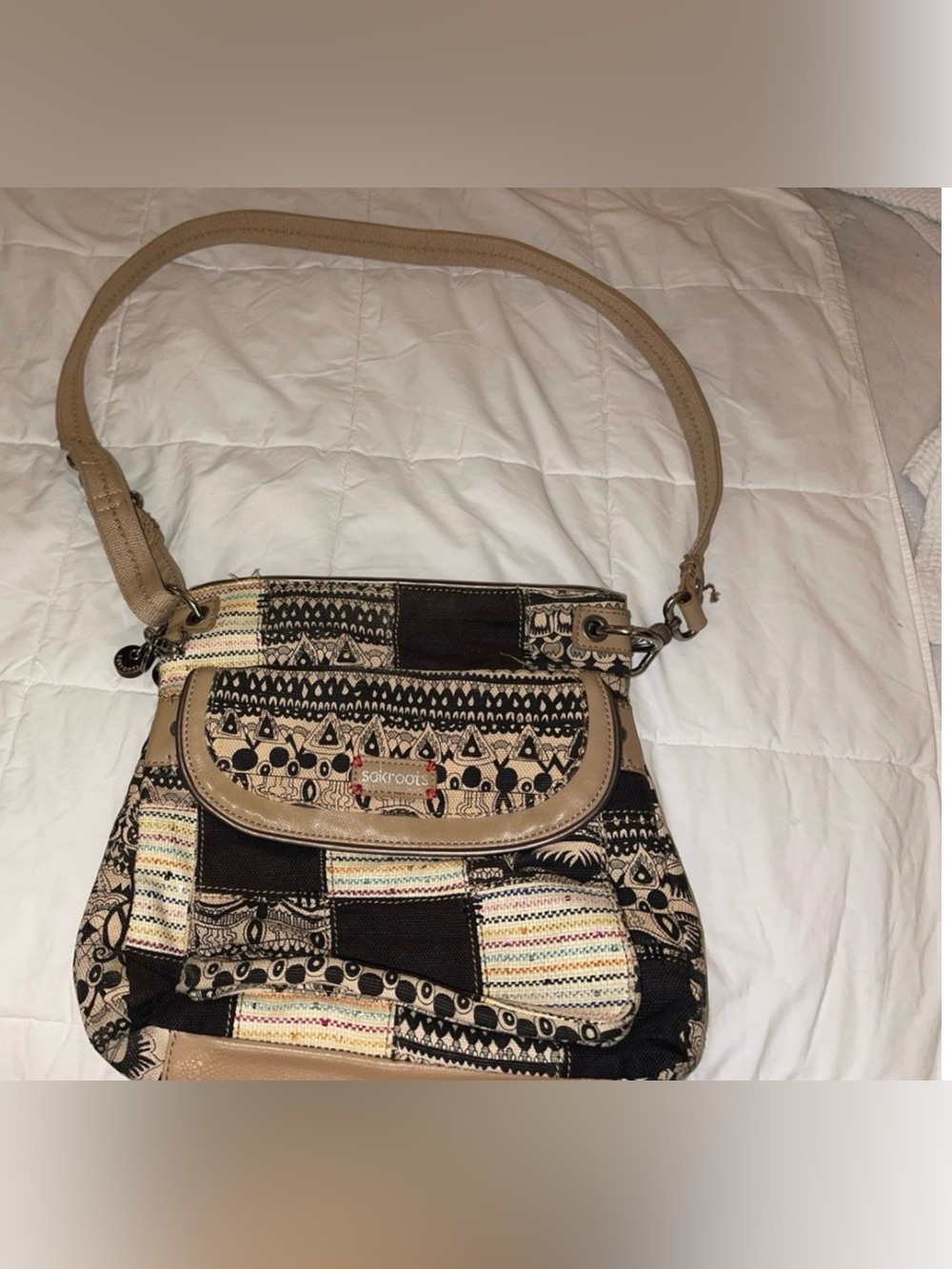Sakroots Beige and Black Patchwork Crossbody Bag w/ Elephant Keychain